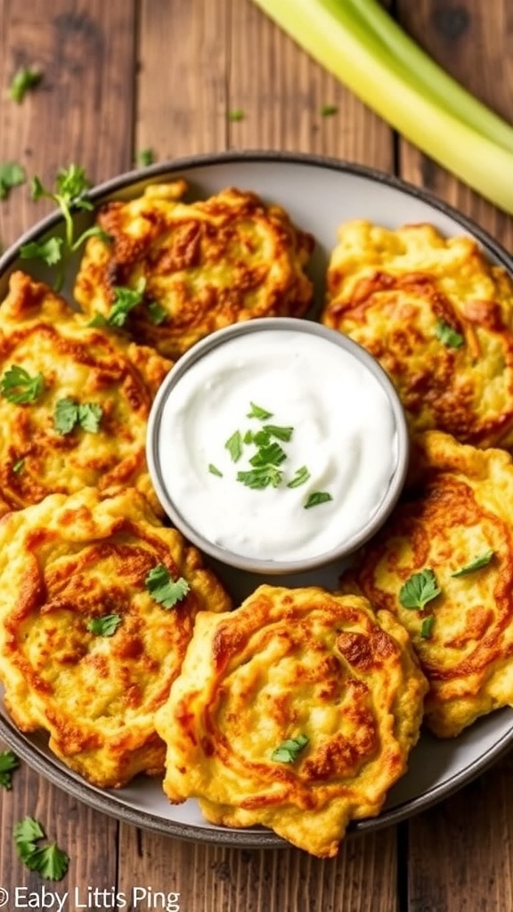 Crispy kohlrabi fritters on a plate with yogurt dip and herbs.